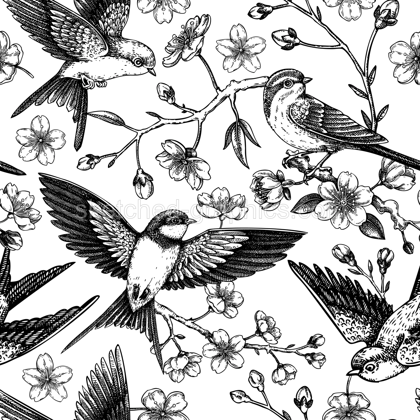 Spring seamless pattern. Sakura flower background. Cherry blossom, flying birds sketch illustration. NOT AI generated Illustration